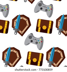 video game treasure chest shield sword control elements seamless pattern