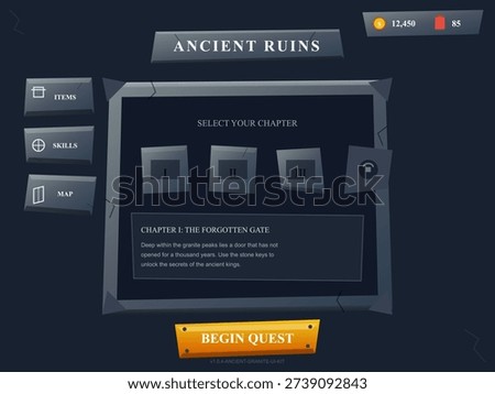 Video game user interface displays a level selection screen for an adventure game. It includes menu buttons, chapter descriptions, currency counters, and a large begin quest button.