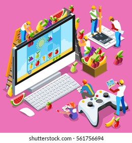 Video game UX development. Web gamer person gaming online with console data controller android phone or computer. 3D Isometric Geek People icon set. Creative design vector illustration data collection