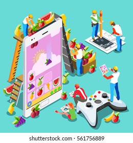 Video game UX development. Web gamer person gaming online with console controller android phone computer. 3D Isometric People & arcade game icon set. Creative design vector illustration collection