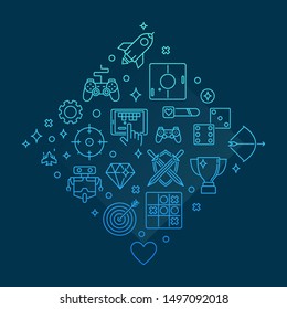 Video Game vector concept gaming outline blue illustration on dark background