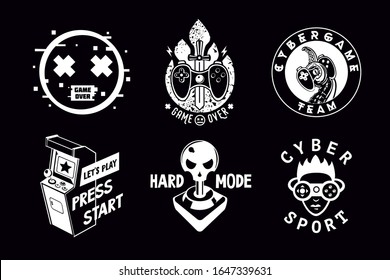 Video game vector emblem set. Gamer retro style signs collection. Cyber sport team insignia.