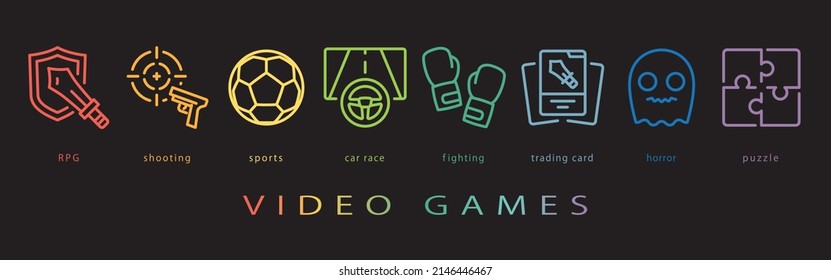 Video game vector icon set. neon color on black background.