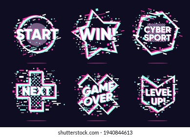 Video game vector icons. Glitch style lable set. Cyberpunk vector elements. Hologram UI