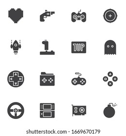 Video-Spiel Vektorsymbole Set, moderne solide Symbolsammlung, gefülltes Piktogramm-Paket. Zeichen, Logo-Illustration. Set beinhaltet Symbole wie Arcade-Spiel, Shooter, Gamepad, Konsolen-Controller-Buttons