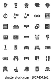 Video game vector icons set, modern solid symbol collection, filled style pictogram pack. Signs, logo illustration. Set includes icons as video game console, gamepad controller, vr joystick, handheld