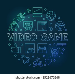 Video Game vector round colored concept illustration in thin line style on dark background