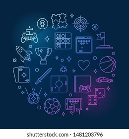 Video Game vector round concept outline colorful illustration on dark background