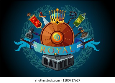 Video game vector sign. Royal magic emblem for gaming tournament with weapon and antique equipment. Horizontal banner with fantasy elements. Cartoon style.