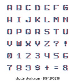Video game vintage 3d font isolated on white bacground. 8 bit pixel art old school  alphabet with anaglyph distortion stereo effect. Abc retro for game and web alphabet pixel and number symbols