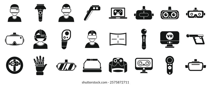 Video game virtual reality icons set. Collection of icons representing various aspects of virtual reality technology, including headsets, controllers, and software applications
