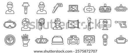 Video game virtual reality icons set. Vr technology offers immersive experiences through headsets, controllers, gloves, and other accessories, transforming how users interact with digital worlds