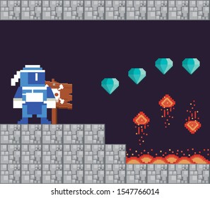 video game warrior with diamonds in pixelated scene vector illustration design