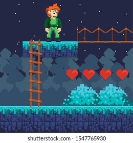video game warrior with hearts in pixelated scene vector illustration design