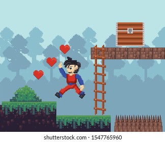 video game warrior jumping in pixelated scene vector illustration design