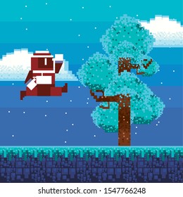 video game warrior in pixelated scene vector illustration design