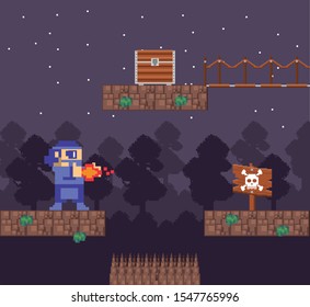 video game warrior shooting in pixelated scene vector illustration design