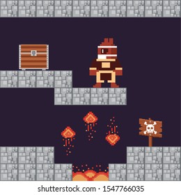video game warrior with treasure chest in pixelated scene vector illustration design