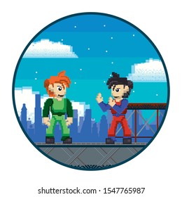 video game warriors in pixelated scene vector illustration design