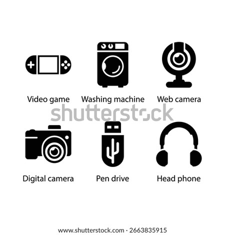Video game, Washing machine, Web camera, Digital camera, Pen drive, Head phone, icon