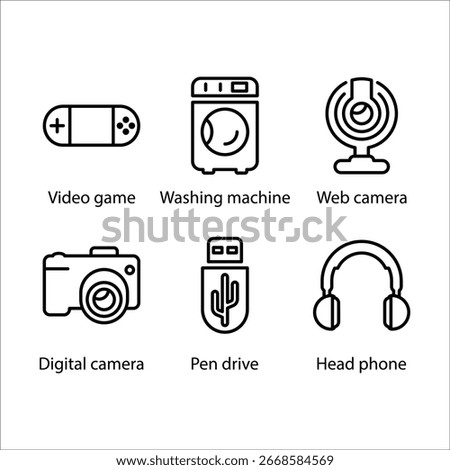 Video game, Washing machine, Web camera, Digital camera, Pen drive, Head phone, icon, Line icon Set