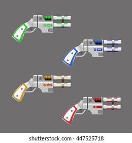 Video game weapon. Virtual reality device. Set of fantasy revolvers. Vector illustration