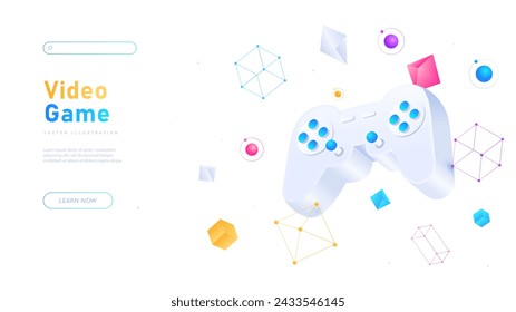 Video game white poster. Gamepad, joystick and controller. Entertainment and leisure in video game. Gadgets and devices. Landing webpage design. Neon isometric vector illustration