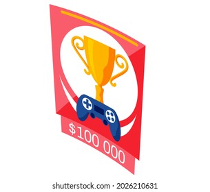 Video game winner cup icon with gamepad controller, entertainment attribute. Flat illustration of video game gold cup vector icon for web design. Winner trophy symbol of competition leadership