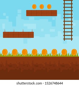 Video game world design. Pixel scene of arcade - Vector