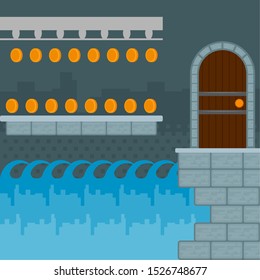Video game world design. Pixel scene of arcade - Vector