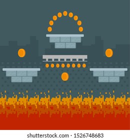 Video game world design. Pixel scene of arcade - Vector