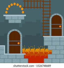 Video game world design. Pixel scene of arcade - Vector