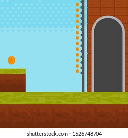 Video game world design. Pixel scene of arcade - Vector