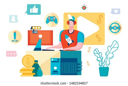 Video Gameblogger. Man Recording Video with Computer. Young Male Vlogger. Youtube Icons. Like, Subscribe and Comments. Content Creator. Blog Management. Getting Money with Video Games. Vector EPS 10.