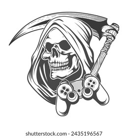 Video gamepad holding a spooky grim reaper skull vector