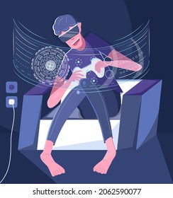 Vector de concepto de videojugador. Streaming de videojuegos en gafas virtuales. Deportes cibernéticos, los pro-gamer están sentados en el sofá por la noche. Torneo de competición.