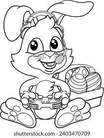 A video gamer Easter bunny rabbit cartoon character holding a game controller playing video games. 