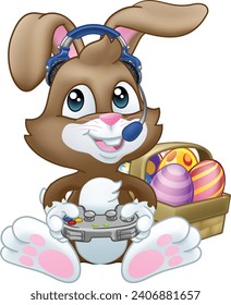 A video gamer Easter bunny rabbit cartoon character holding a game controller playing video games. 