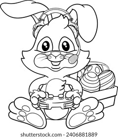 A video gamer Easter bunny rabbit cartoon character holding a game controller playing video games. 