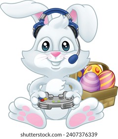 A video gamer Easter bunny rabbit cartoon character holding a game controller playing video games. 