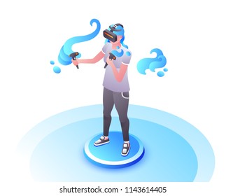 Video gamer vector illustration of girl or woman in VR glasses with joystick controllers playing. Flat isolated design for internet virtual reality and modern video game console