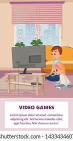 Video Games Banner. Cartoon Boy Play Videogame Sit on Floor Little Girl Watch Vector Illustration. Brother Sister Leisure Indoors. Family Entertainment. Living Room Interior. Couch Sofa TV Screen.