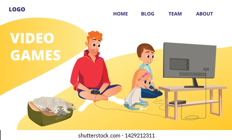 Video Games Banner. Cartoon Man, Boy, Girl Play Videogame Sit on Floor Room Vector Illustration. Dad Brother Sister Gaming. Family Entertainment. Father Son Daughter Gamer Leisure.