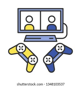 Video games color icon. Esports. Competition for two gamers. Gaming devices. Split screen, multiplayer games. Isolated vector illustration