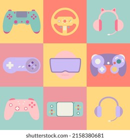 Video games colorful icon set. Retro poster with video games elements. Virtual reality. 