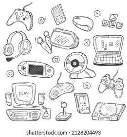 Video Games Computer Player Doodle Icons Sketch. Hand drawn Design Vector