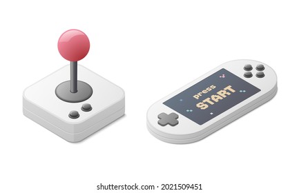 Video games concept. Classic joystick controller and portable game console. Isometric vector colored illustration. Isolated on white background.