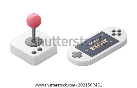 Video games concept. Classic joystick controller and portable game console. Isometric vector colored illustration. Isolated on white background.