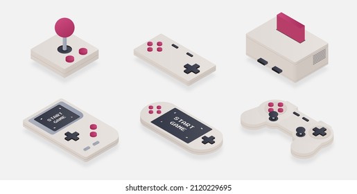 Video games concept. Collection of old items for console. Station for discs, gamepad. Game console, gadgets and devices, entertainment. Isometric vector illustrations isolated on white background