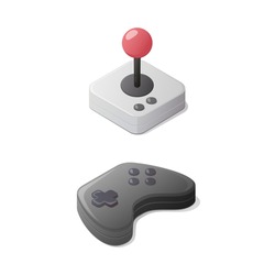 Video Games Concept. Gamepad And Joystick Controller. Isometric Vector Illustration. Isolated On White Background.